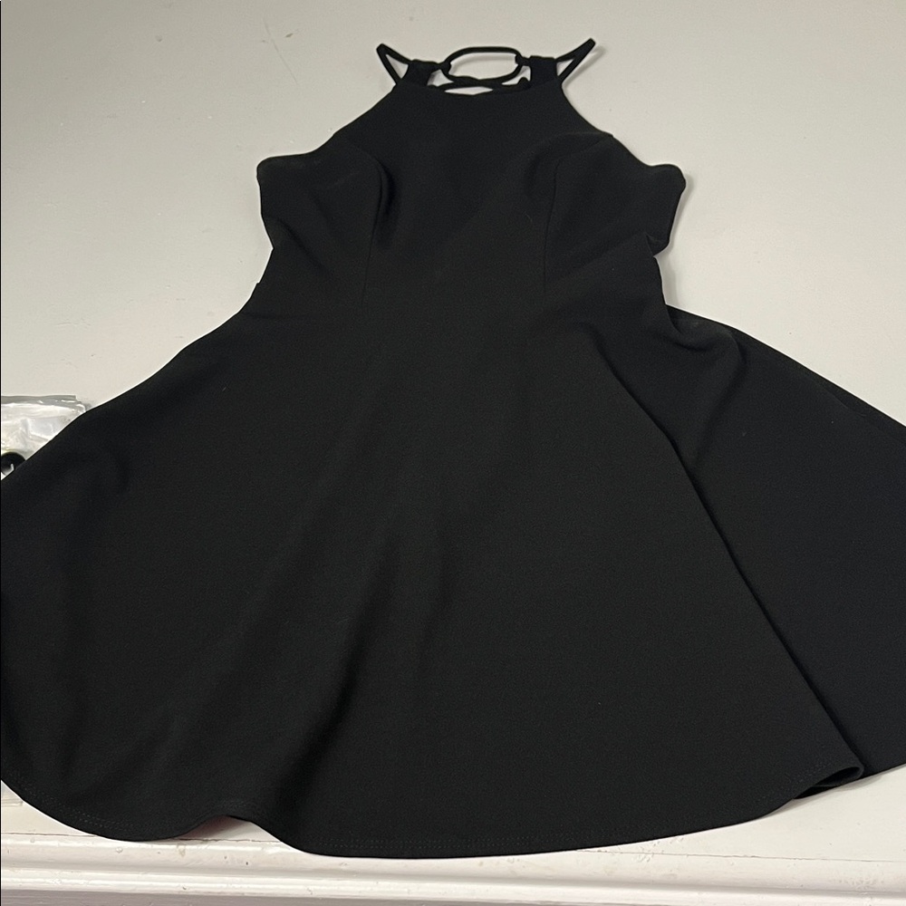 B Darlin Sz 3/4 Black High Neck Criss Cross Back Style Fit and Flare Dress